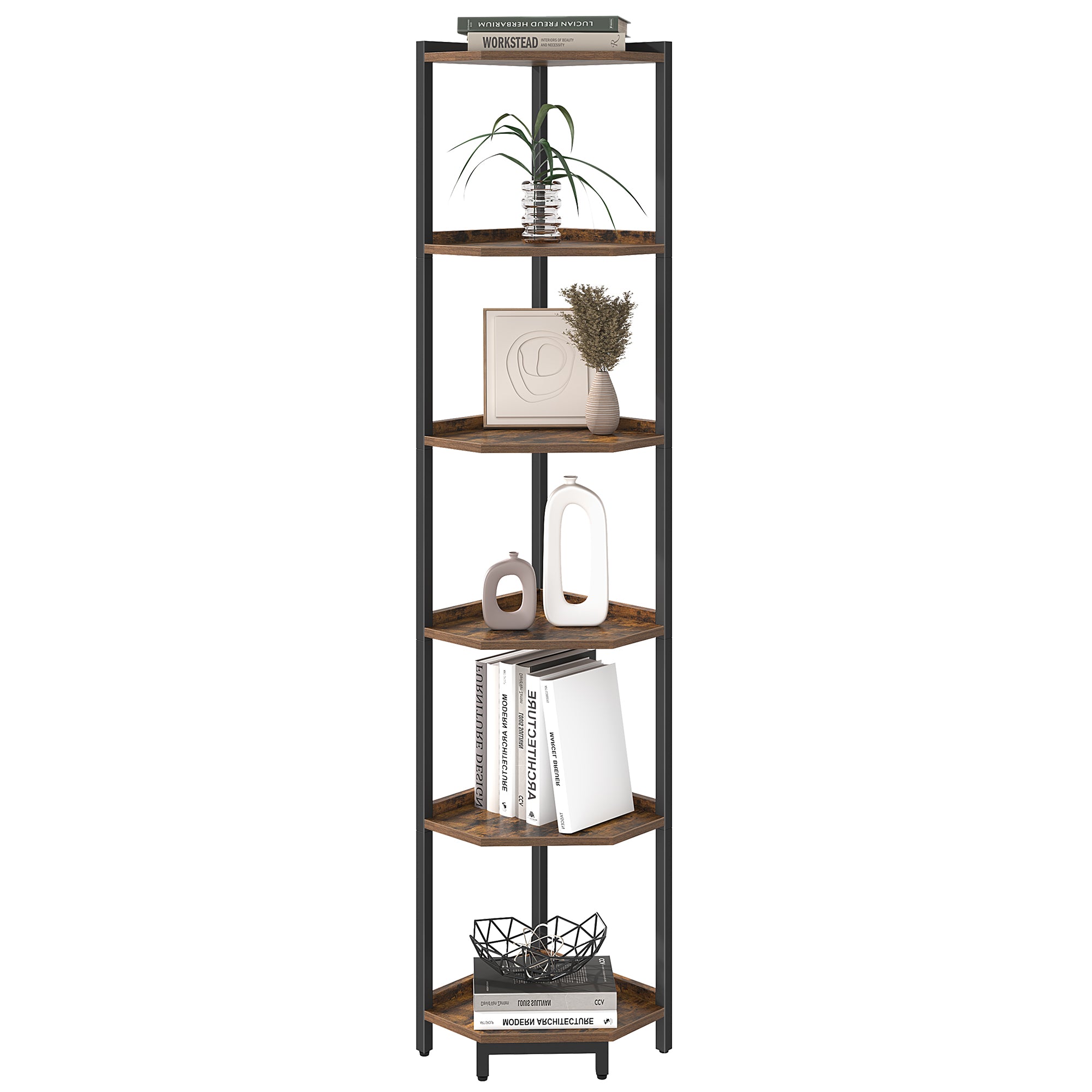 HEXCELEN Corner Shelf, 6-Tier Bookshelf, Freestanding Shelf, Storage S ...