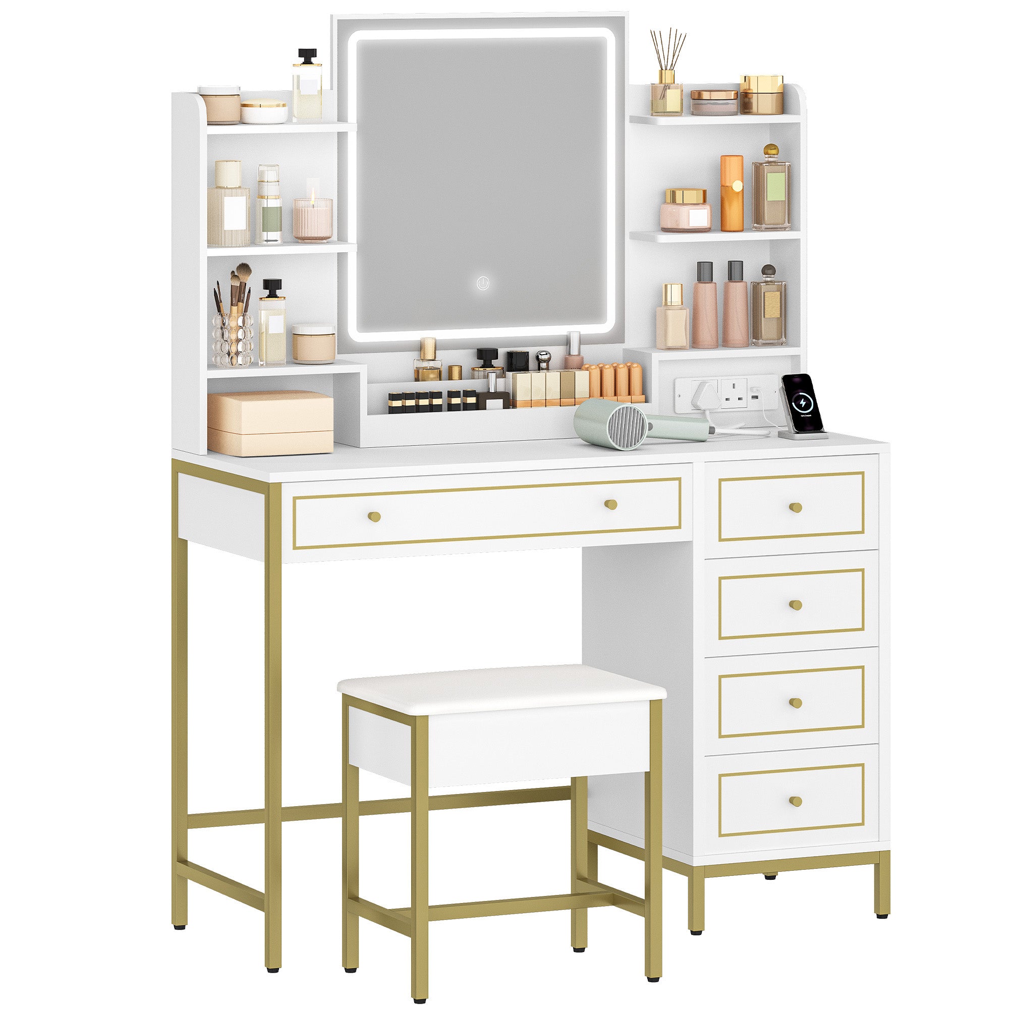 Hzuaneri Dressing Table, Vanity Desk with Soft Stool, HD Mirror and Ad