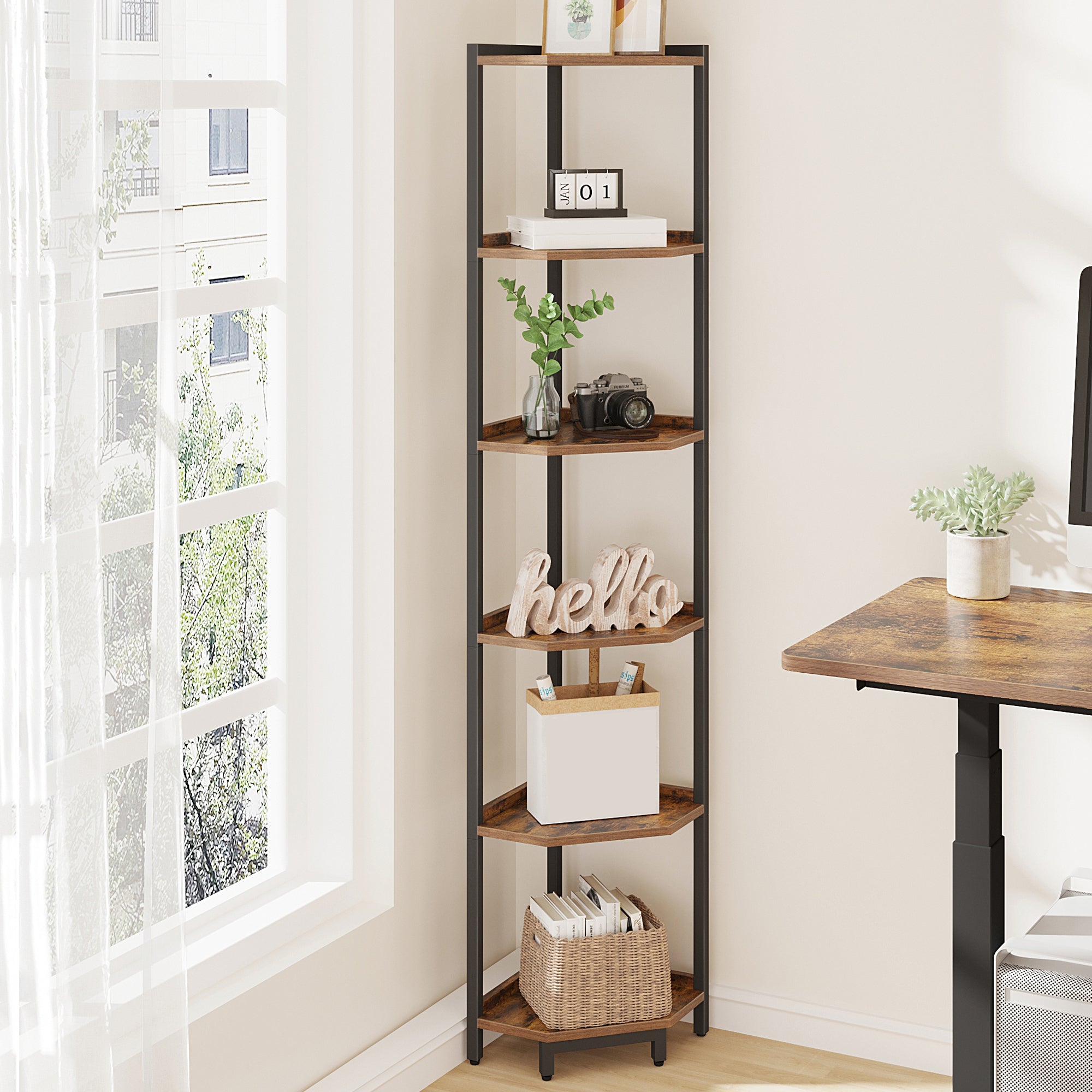 HEXCELEN Corner Shelf, 6-Tier Bookshelf, Freestanding Shelf