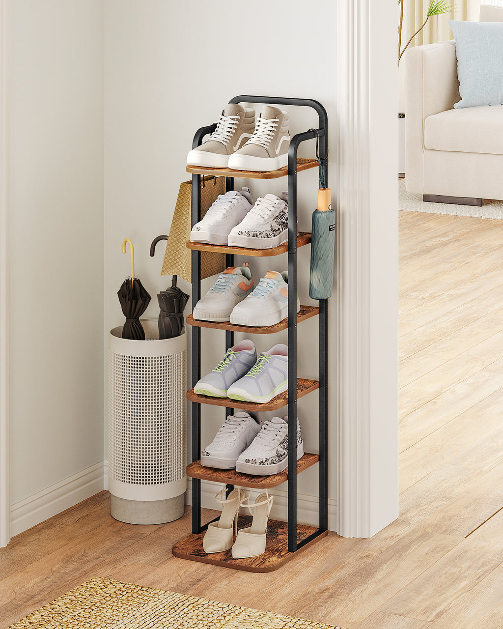 Hzuaneri Vertical Shoe Rack, 6-Tier Shoe Shelves, Wooden Shoe Organizer for Closet, Entryway, Rustic Brown and Black
