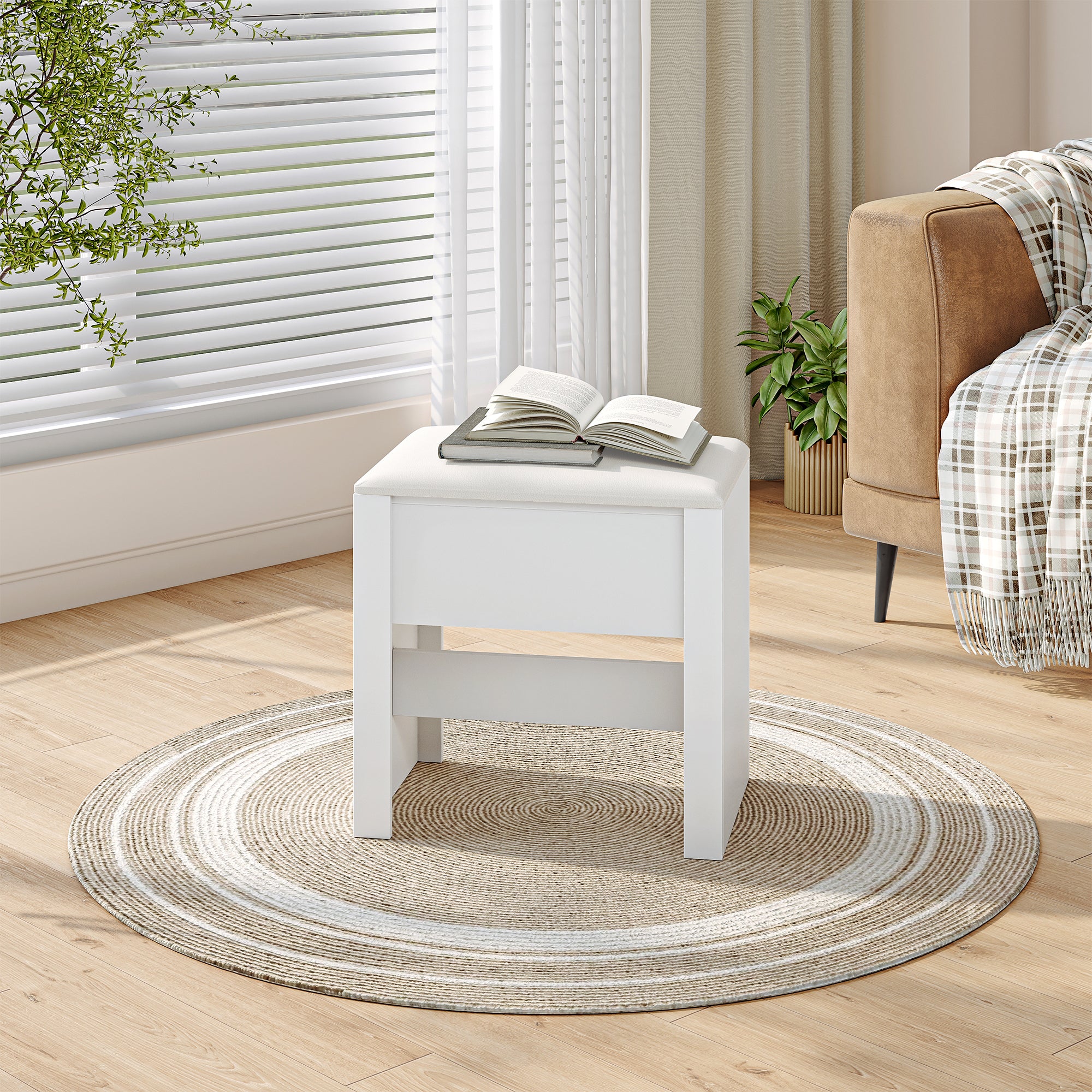 HEXCELEN Vanity Stool, Padded Seating Stool, Makeup Stool with Non-Slip Foot Pads, Suitable for Dressing Room, Bedroom, Entrance Area, 30 x 40 x 44 cm, White，004103X