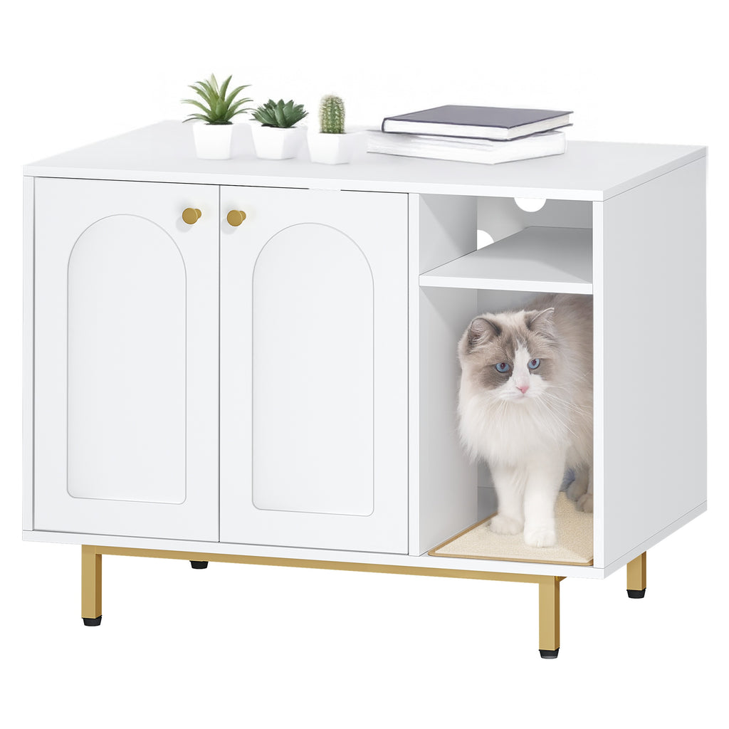 Hzuaneri Cat Litter Box Enclosure Enclosed, Hidden Litter Box Cabinet Furniture with Storage, White and Gold