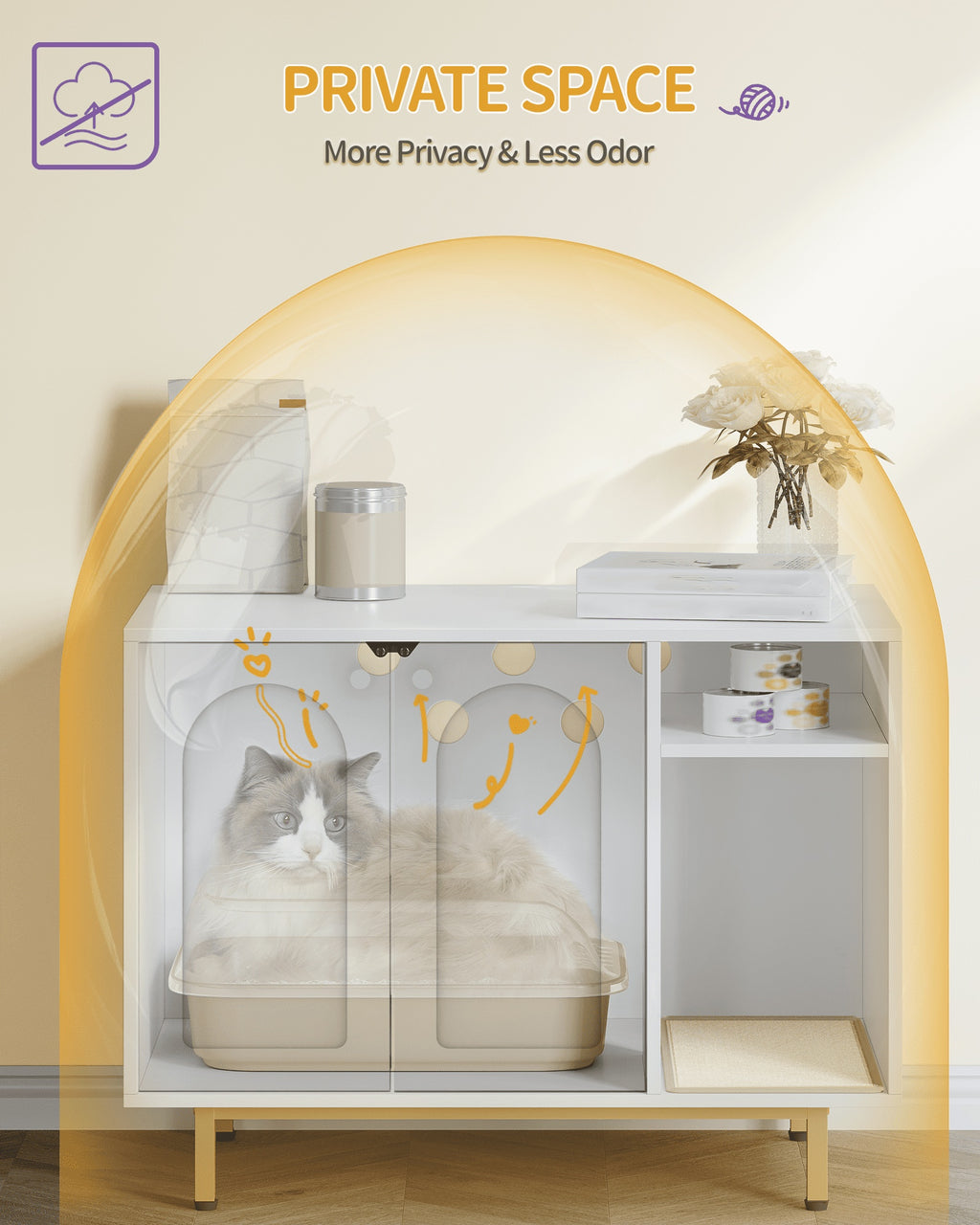 Hzuaneri Cat Litter Box Enclosure Enclosed, Hidden Litter Box Cabinet Furniture with Storage, White and Gold