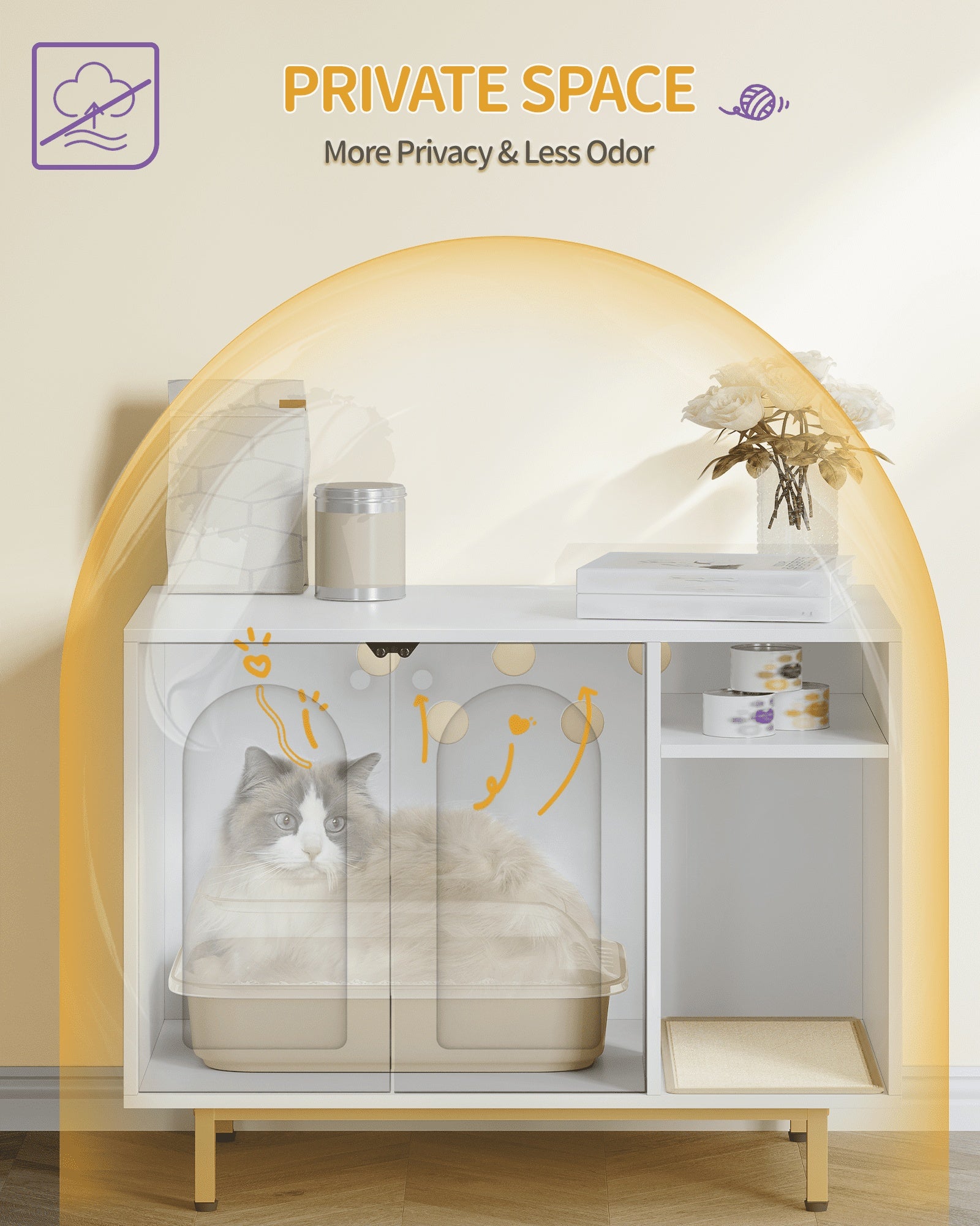Hzuaneri Cat Litter Box Enclosure Enclosed, Hidden Litter Box Cabinet Furniture with Storage, White and Gold
