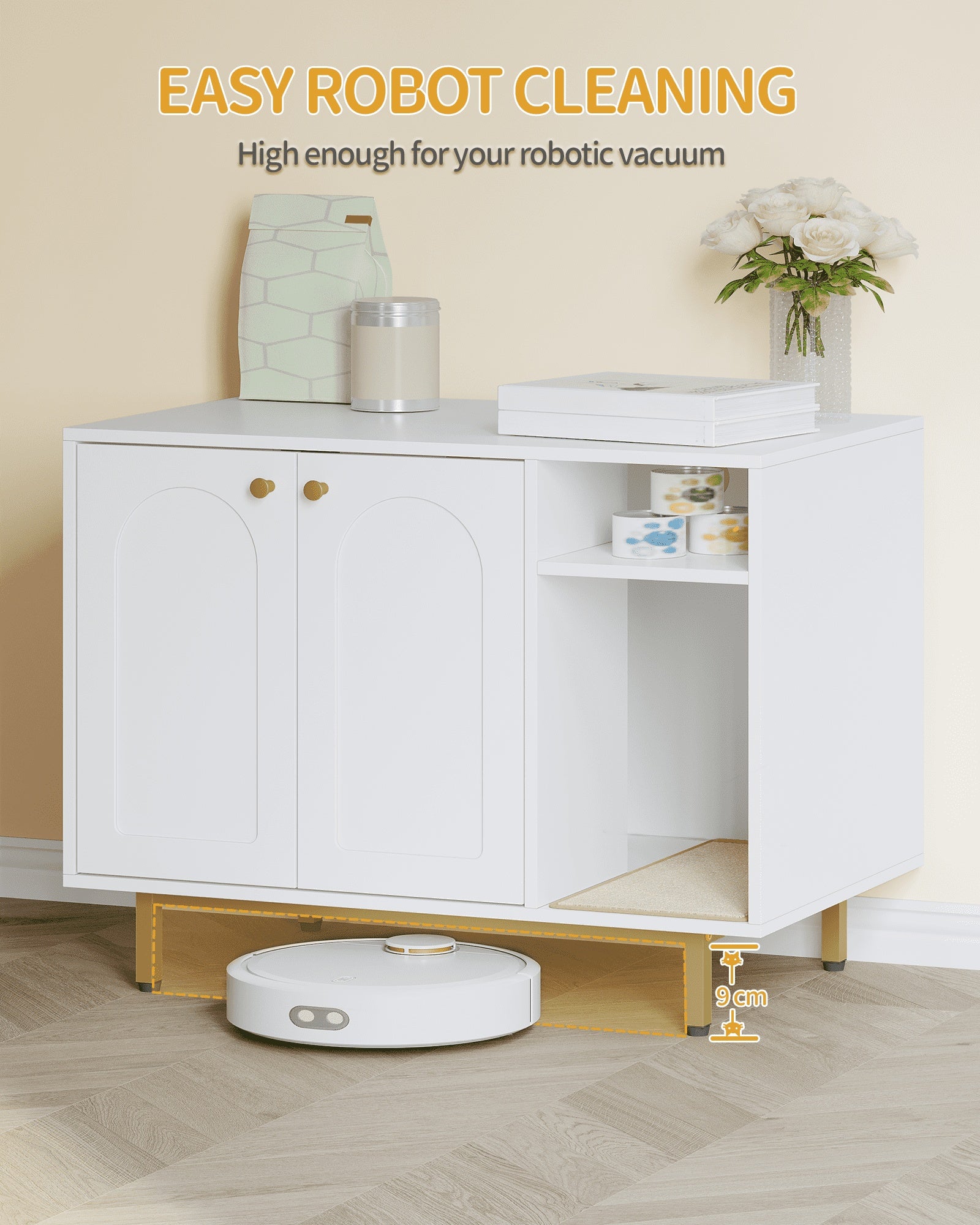 Hzuaneri Cat Litter Box Enclosure Enclosed, Hidden Litter Box Cabinet Furniture with Storage, White and Gold