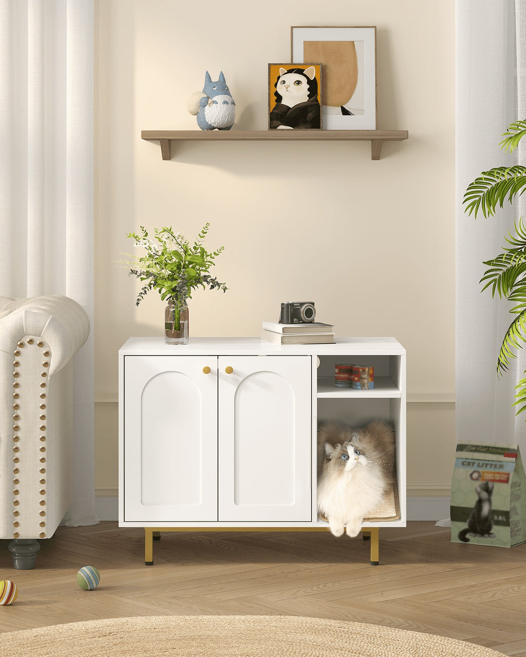 Hzuaneri Cat Litter Box Enclosure Enclosed, Hidden Litter Box Cabinet Furniture with Storage, White and Gold