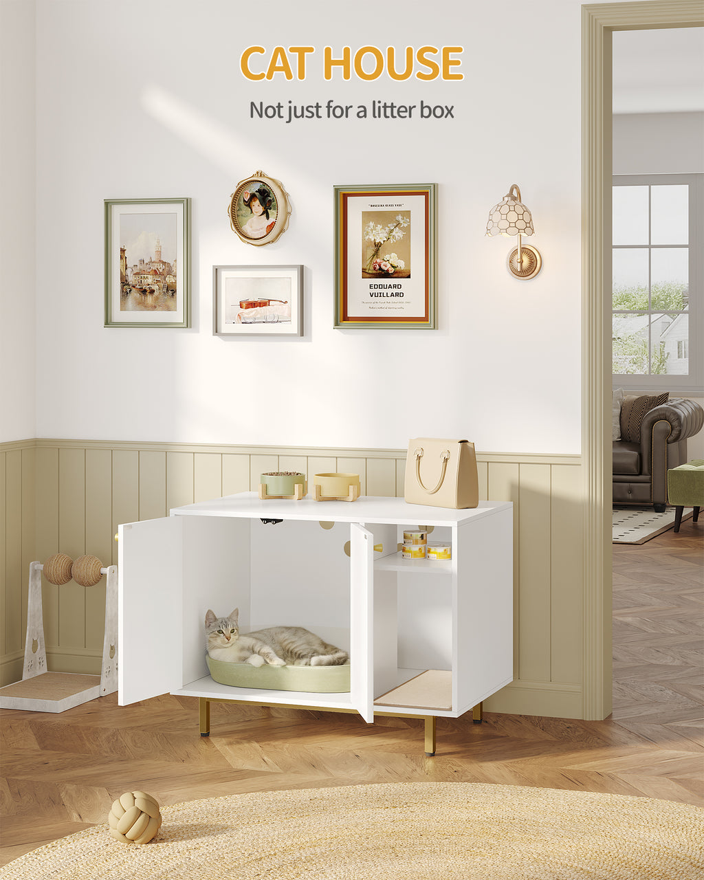 Hzuaneri Cat Litter Box Enclosure Enclosed, Hidden Litter Box Cabinet Furniture with Storage, White and Gold