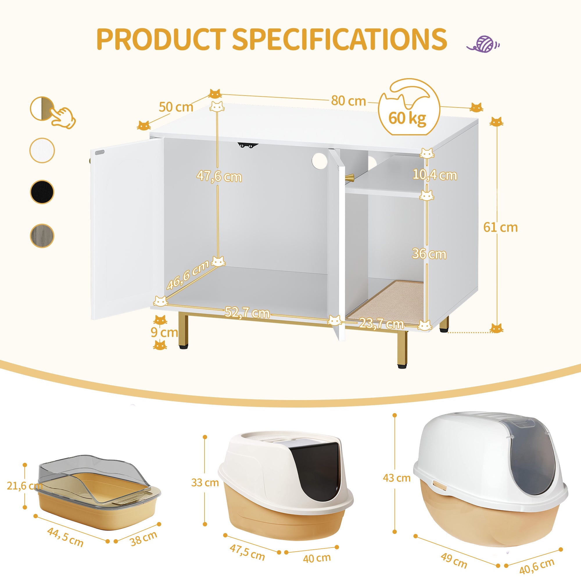 Hzuaneri Cat Litter Box Enclosure Enclosed, Hidden Litter Box Cabinet Furniture with Storage, White and Gold