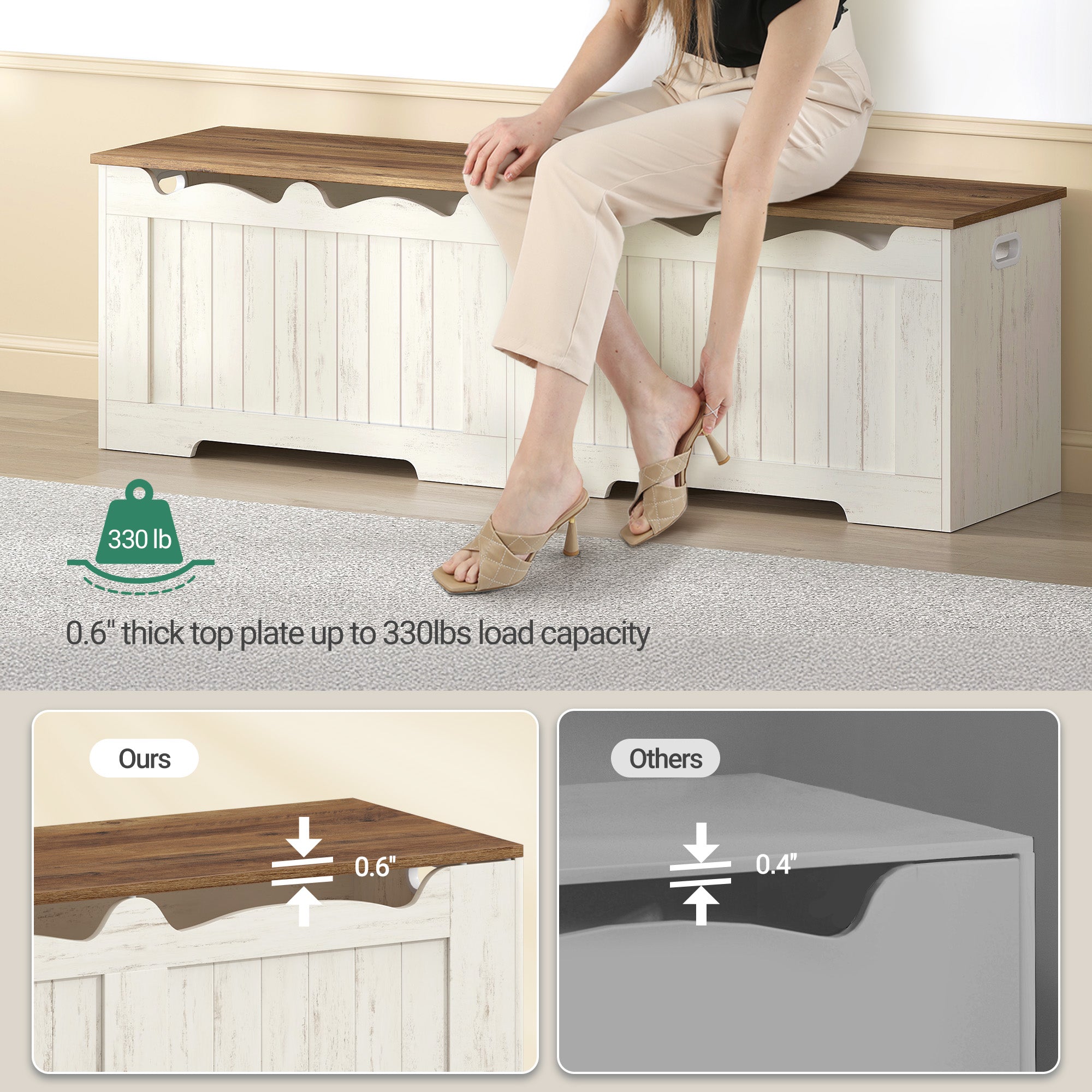 Hzuaneri 59" Storage Chest, Storage Bench Trunk with 2 Hinges, Wooden Box, Lift-Top Chest Organizer, Shoe Bench for Entryway, Bedroom, Living Room, Rustic White SB01514X