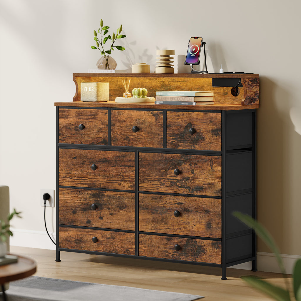 Hzuaneri 9-Drawer Dresser, LED Light Strip, 2 USB & 2 AC Ports