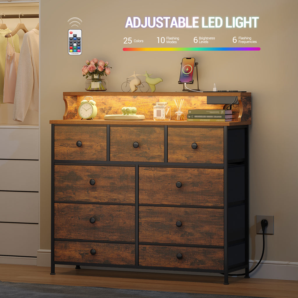 Hzuaneri 9-Drawer Dresser, LED Light Strip, 2 USB & 2 AC Ports
