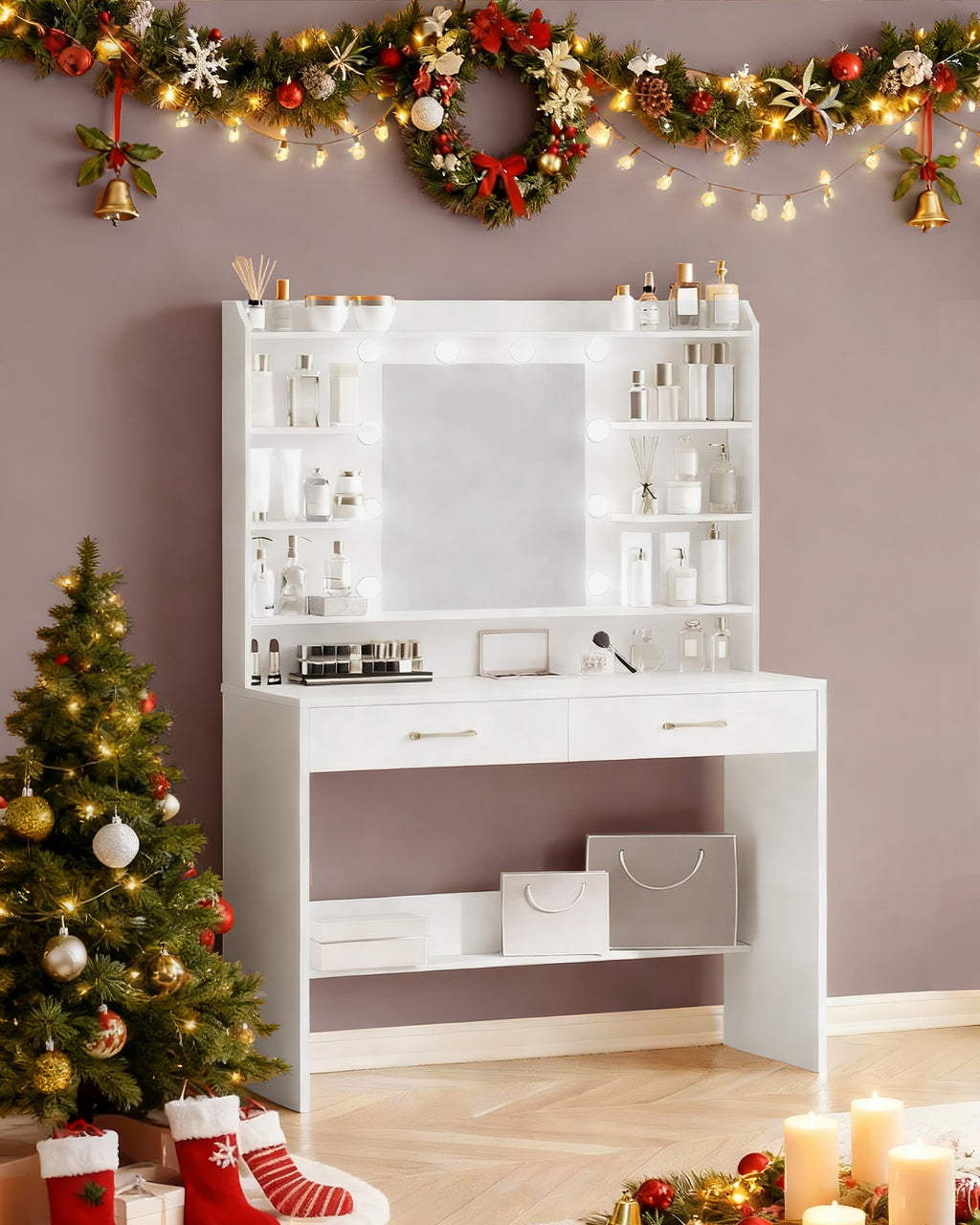 Hzuaneri White Dressing Table with Mirror, 2 Storage Drawers, Adjustable Brightness