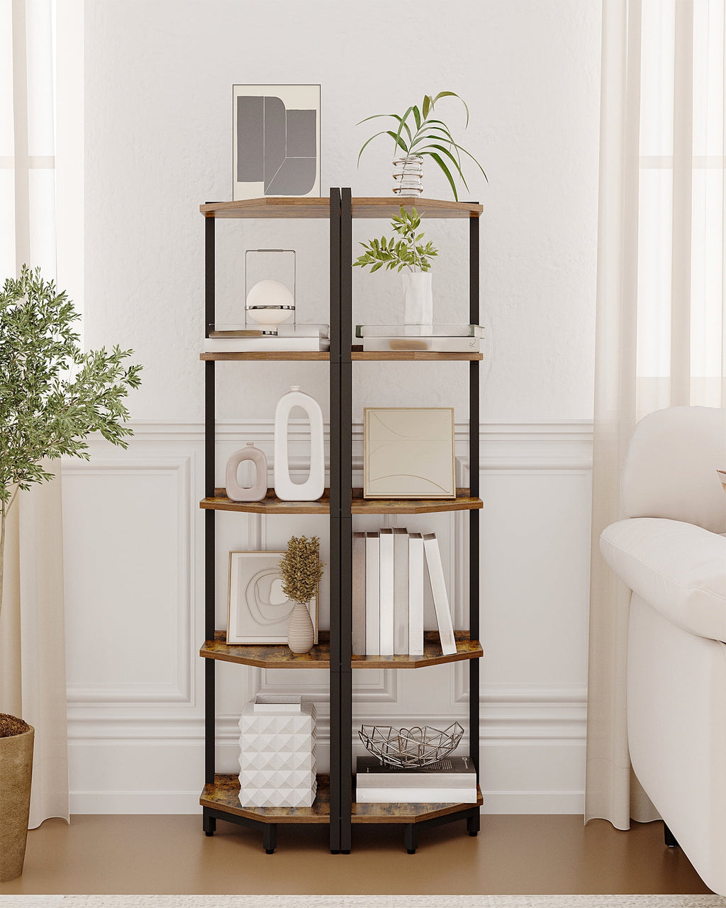 Corner Shelf Stand 5-Tier with Metal Frame, Corner Bookshelf for Living Room Home Office Bedroom, Rustic Brown