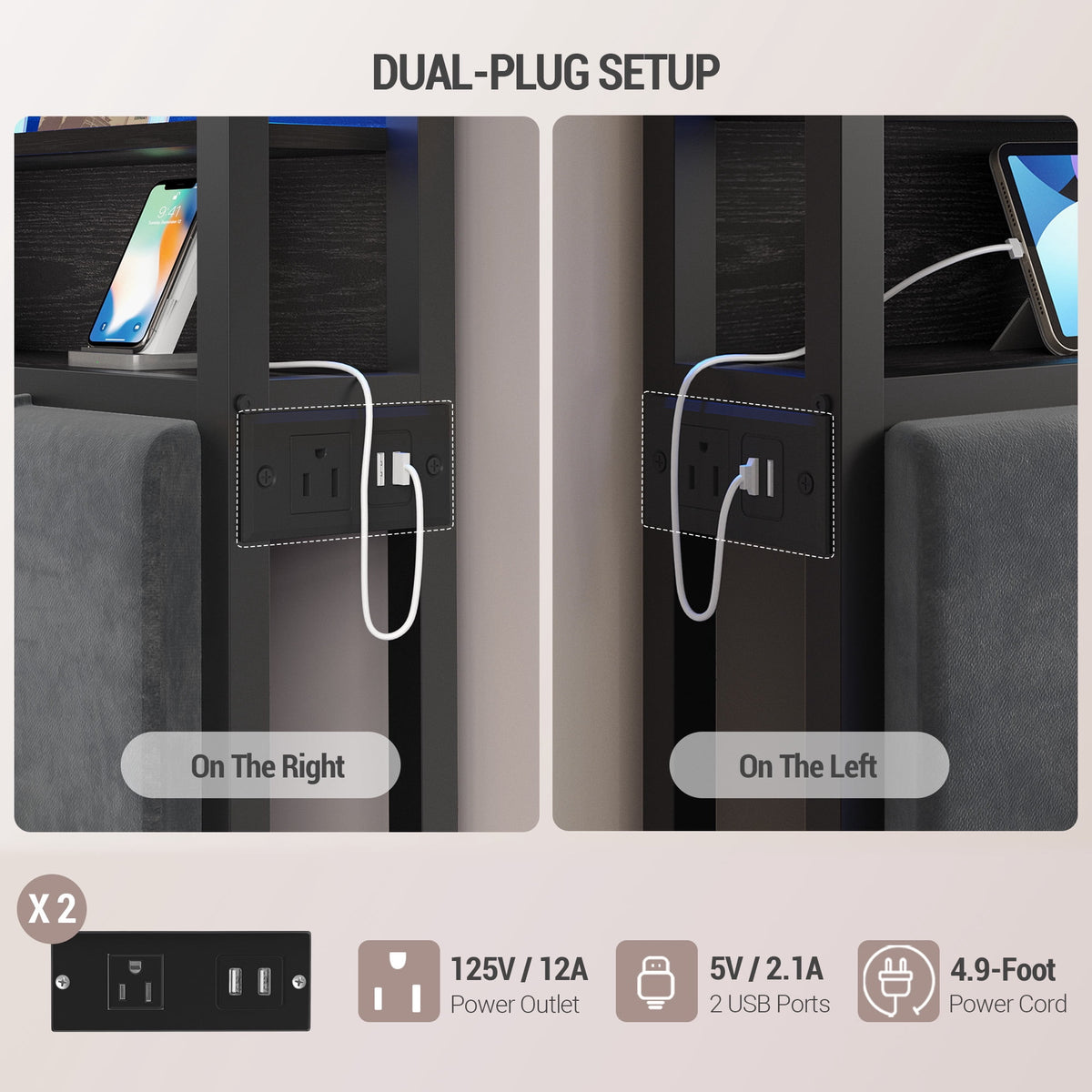 Full Size Headboard with 3-Tier Storage Shelves, Upholstered Headboards 2 Outlets, USB Ports & LED Light, Sturdy and Stable Headboard, White and Gold