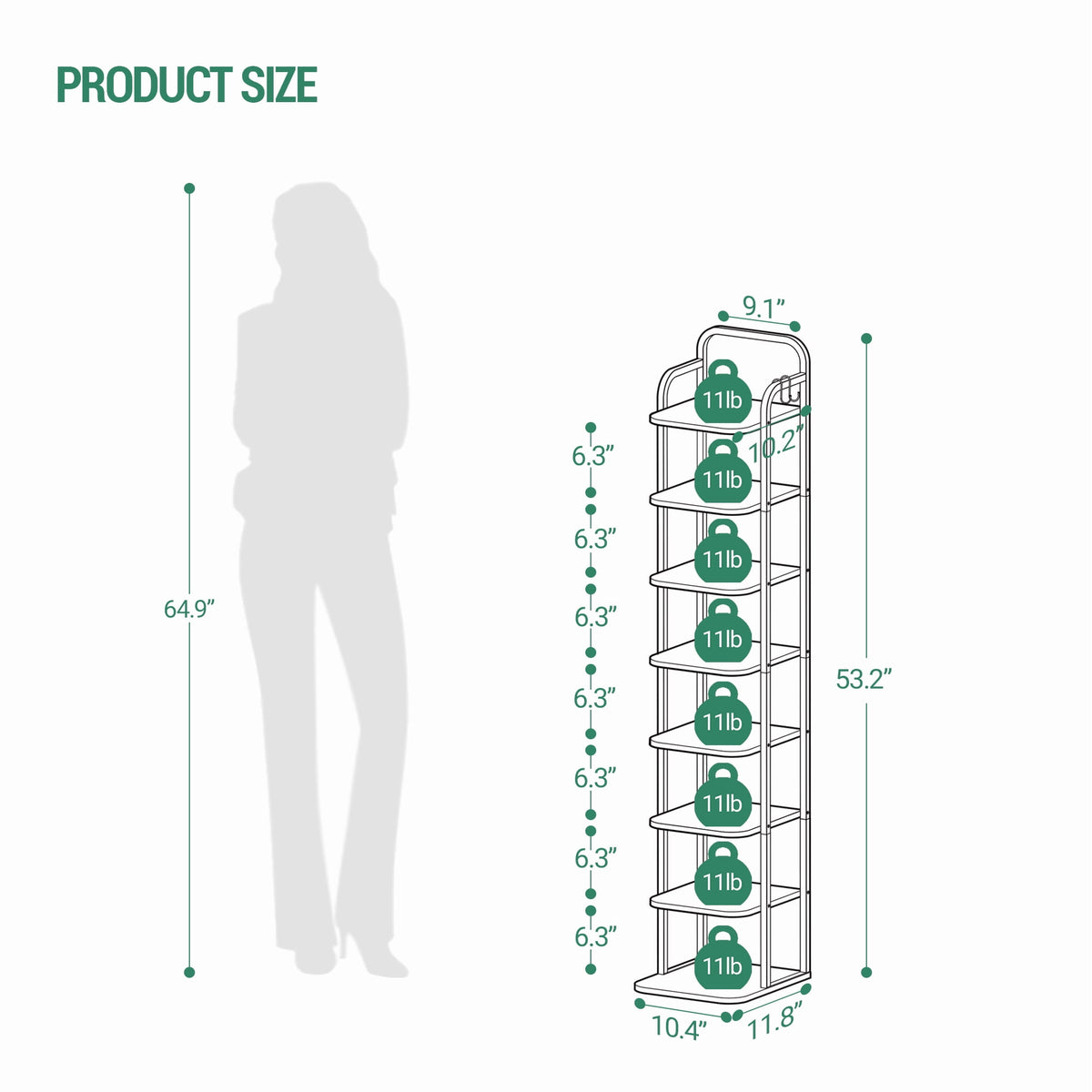 Hzuaneri Vertical Shoe Rack, 8-Tier Narrow Shoe Shelf, Shoe Tower with 2 Hooks, for Small Space, Closet, Entryway, Hallway, Bedroom, Black