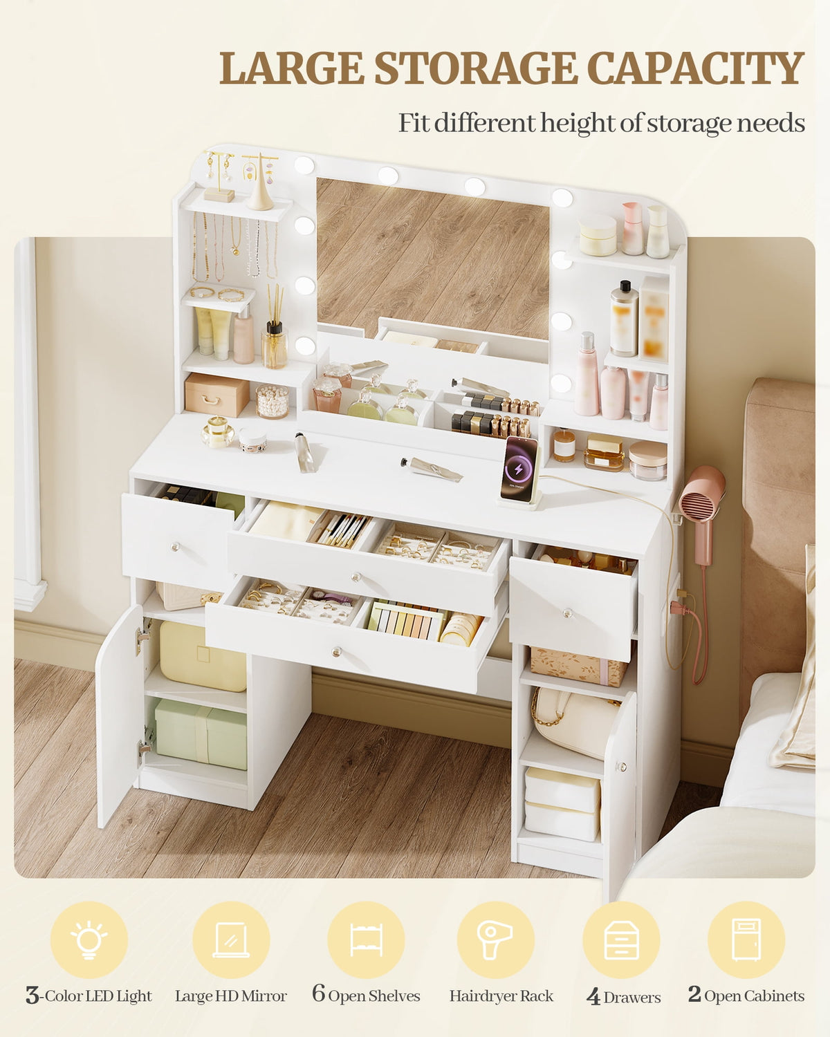 Hzuaneri White Makeup Vanity Desk, 42.5"W Makeup Vanity Table with Led Mirror, 4 Drawers, 2 Open Storage Cabinets, Jewelry Storage, Makeup Desk for Bedroom, Bathroom