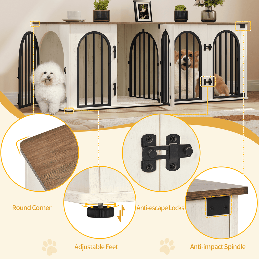 Hzuaneri Dog Crate Furniture for 2 Dogs, 63" Large Dog Kennel with Divider and Cushion for Medium Large Dogs, Double Dog Crate Furniture TV Stand, White Brown