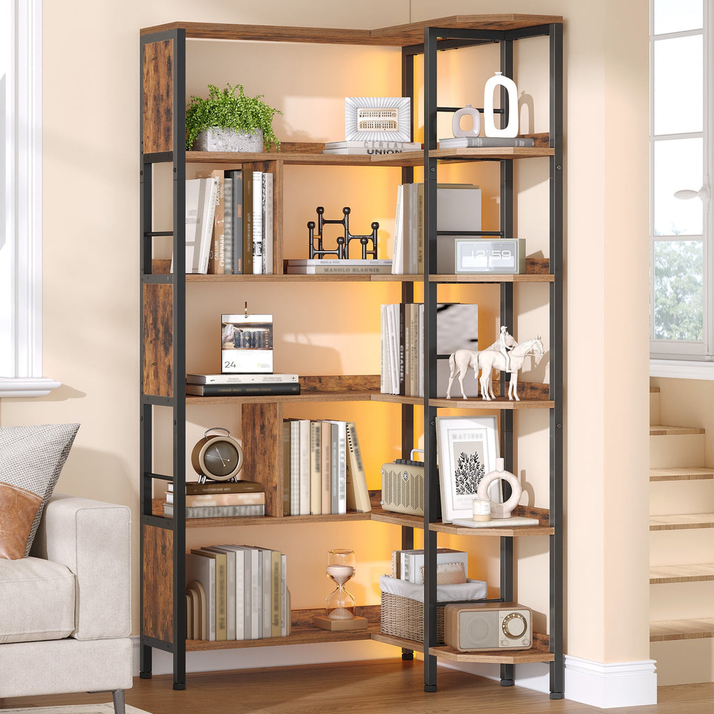 Hzuaneri 5-Tier Corner Bookshelf with LED Light, L-Shaped Bookcase with Metal Frame and Wooden Board, Industrial Bookcase with Display Shelf for Living Room Home Office, Rustic Brown
