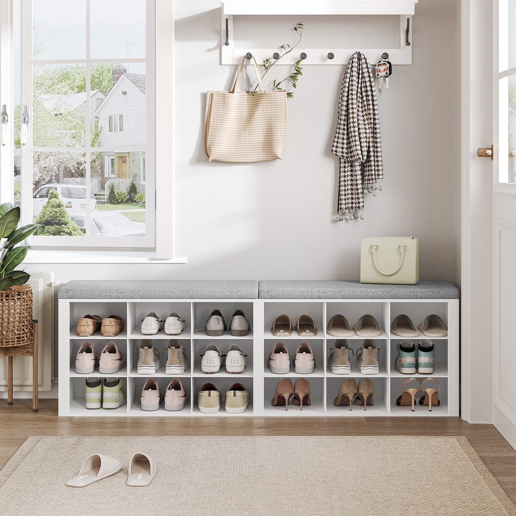 Shoe Storage Bench with Cushion, Entryway Storage Bench with 18 Cubbies, 59" Widened Organizer Cabinet, Long Cubby Rack for Living Room, Bedroom, Entryway, White