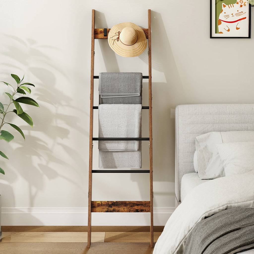 Hzuaneri 6-Tier Blanket Ladder with Hooks, 5.6Ft Wall Leaning Blanket Ladder, 4 Removable Hooks for Living Room, Bedroom Bathroom, Decorative Quilt Rack Easy to Assemble, Rustic Brown
