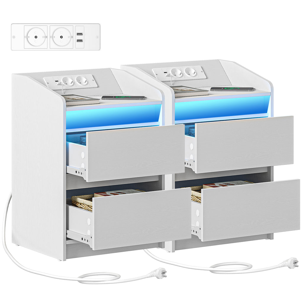 Hzuaneri Nightstand Set of 2 with LED Lights & Charging Station, 2 Drawers, USB Ports & Outlets, White