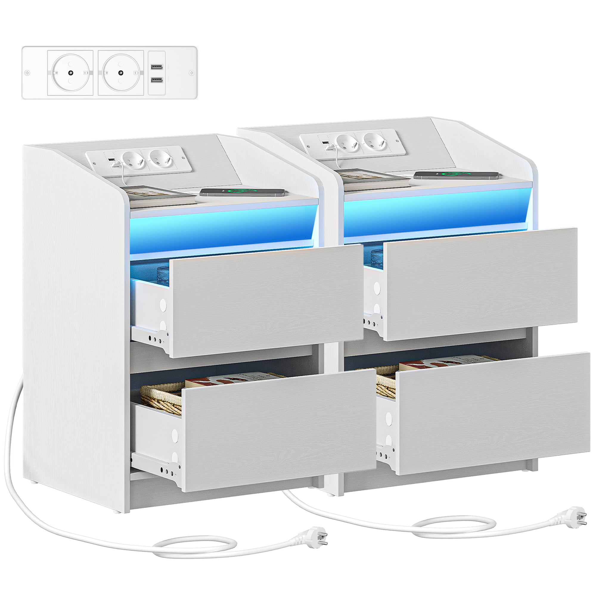 Hzuaneri Nightstand Set of 2 with LED Lights & Charging Station, 2 Drawers, USB Ports & Outlets, White