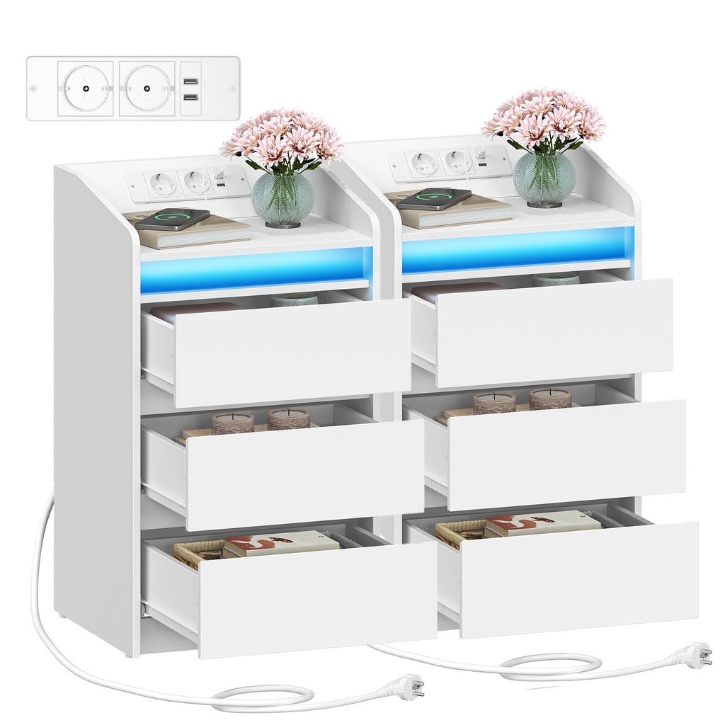 Hzuaneri Nightstand with Charging Station & LED, 3 Drawers, 2 AC Outlets & 2 USB Ports, White
