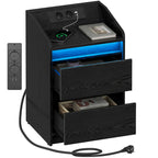 Hzuaneri Bedside Table with LED Lights & Charging Station, 2 Drawers, USB Ports and Power Outlets, Black