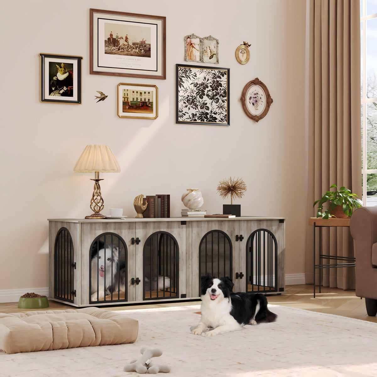 Hzuaneri 71" Dog Crate Furniture for 2 Dogs, Heavy Duty Wooden Kennel for Medium Large Dogs with Divider,Greige Black
