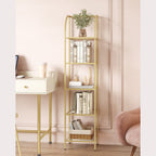 Hzuaneri 5-Tier Tall Bookshelf, Arched Bookcase with Tempered Glass Shelves, Modern Arched Display Racks for Bedroom, Bathroom, Home Office, Steel Frame, Gold, 11.8"D x 13.7"W x 59"H