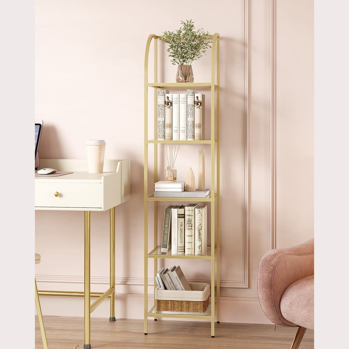 Hzuaneri 5-Tier Tall Bookshelf, Arched Bookcase with Tempered Glass Shelves, Modern Arched Display Racks for Bedroom, Bathroom, Home Office, Steel Frame, Gold, 11.8"D x 13.7"W x 59"H