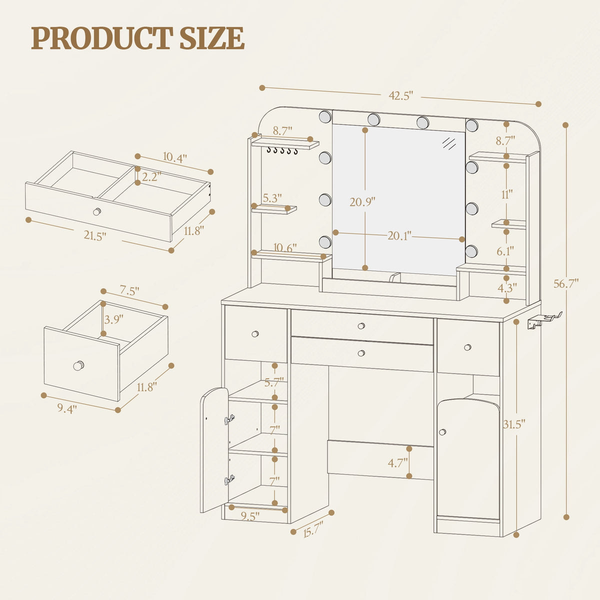 Hzuaneri White Makeup Vanity Desk, 42.5"W Makeup Vanity Table with Led Mirror, 4 Drawers, 2 Open Storage Cabinets, Jewelry Storage, Makeup Desk for Bedroom, Bathroom