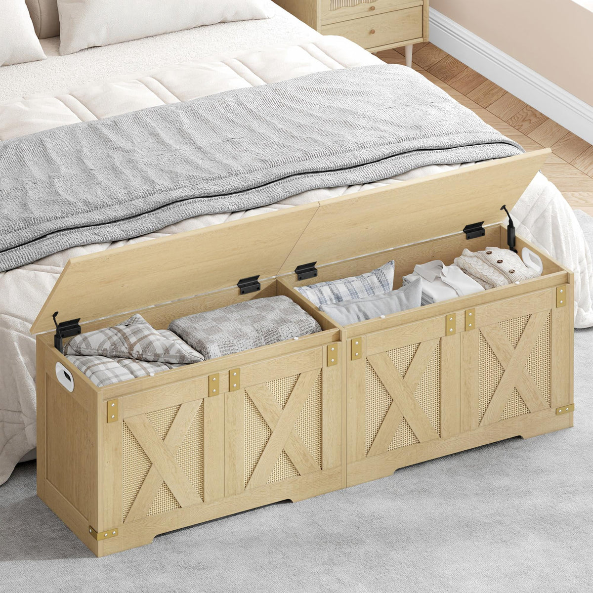 Hzuaneri 59" Extra Large Storage Chest, Storage Bench with Lift Top, 2 Safety Hinges, Shoe BenchToy Chest with Wooden Seat for Entryway, Bedroom, Living Room, Camel Yellow