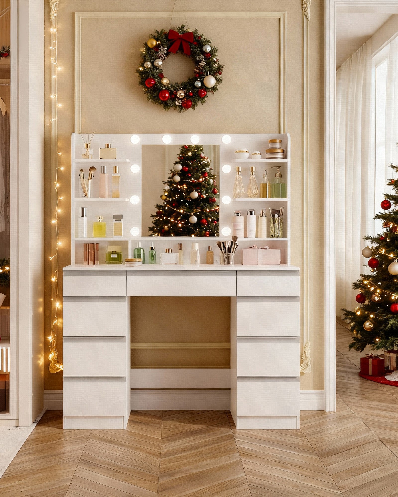Hzuaneri Large Dressing Table with 10 LED Lights & Mirror, 9 Drawers, Hzuaneri Large Dressing Table with 10 LED Lights & Mirror, 9 Drawers,
