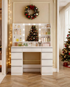 Hzuaneri Large Dressing Table with 10 LED Lights & Mirror, 9 Drawers, 9 Shelves, 3 Colors