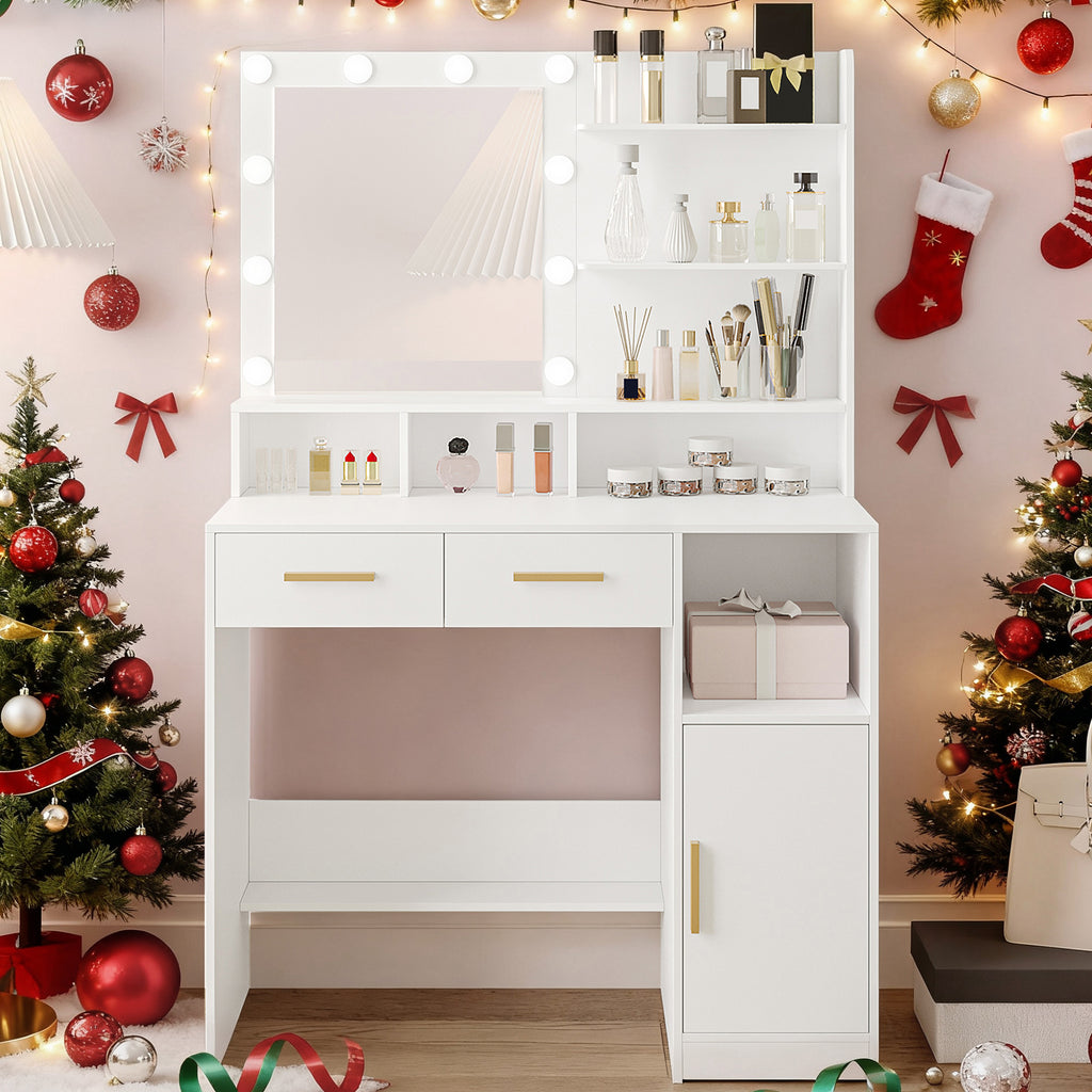 Hzuaneri Dressing Table with LED Lights Mirror, Adjustable Brightness, 2 Drawers & Cabinet, White