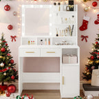 Hzuaneri Dressing Table with LED Lights Mirror, Adjustable Brightness, 2 Drawers & Cabinet, White