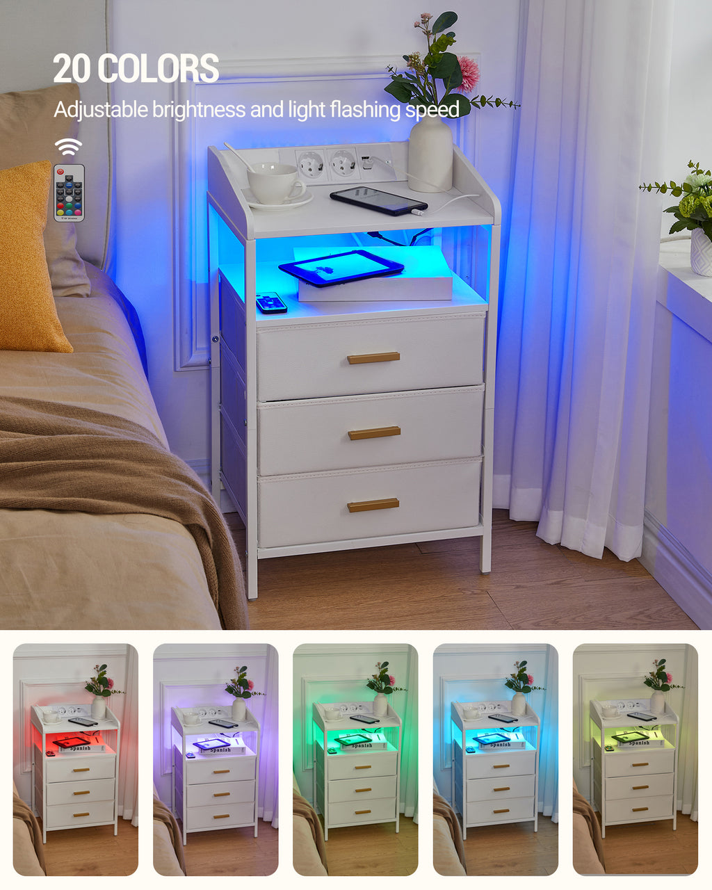 Hzuaneri Bedside Table with LED Lights & Charging Station, 3 Fabric Drawers, USB Ports & Power Outlets, White