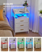 Hzuaneri Bedside Table with LED Lights & Charging Station, 3 Fabric Drawers, USB Ports & Power Outlets, White