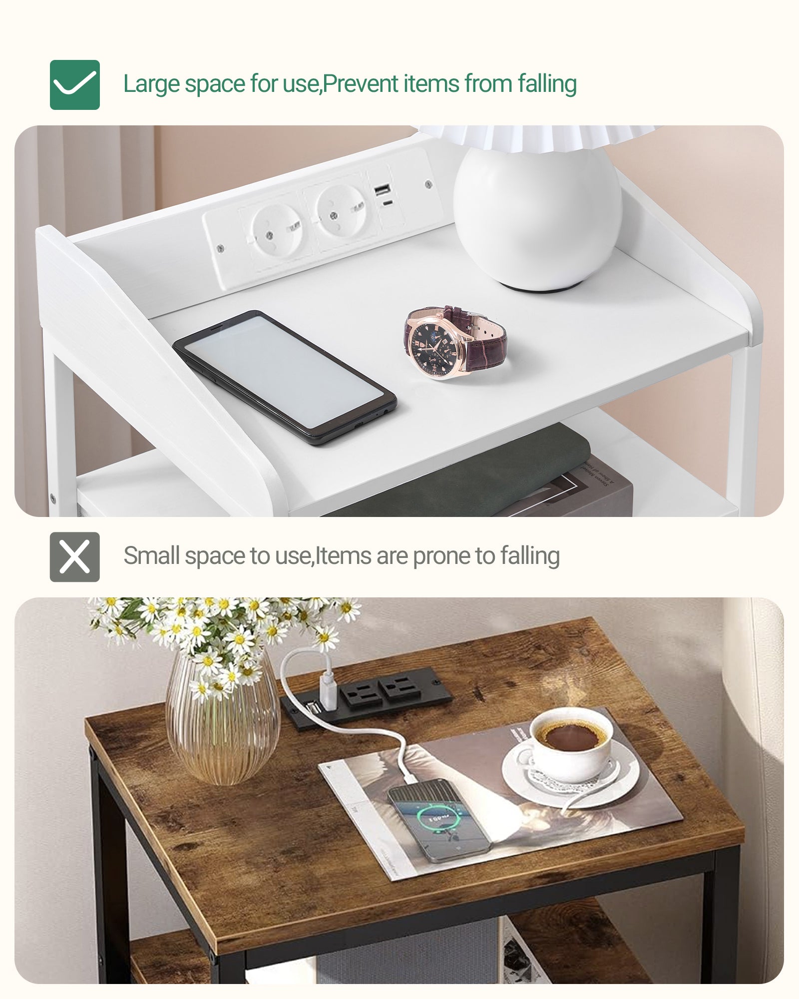 Hzuaneri Bedside Table with LED Lights & Charging Station, 3 Fabric Drawers, USB Ports & Power Outlets, White