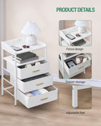 Hzuaneri Bedside Table with LED Lights & Charging Station, 3 Fabric Drawers, USB Ports & Power Outlets, White