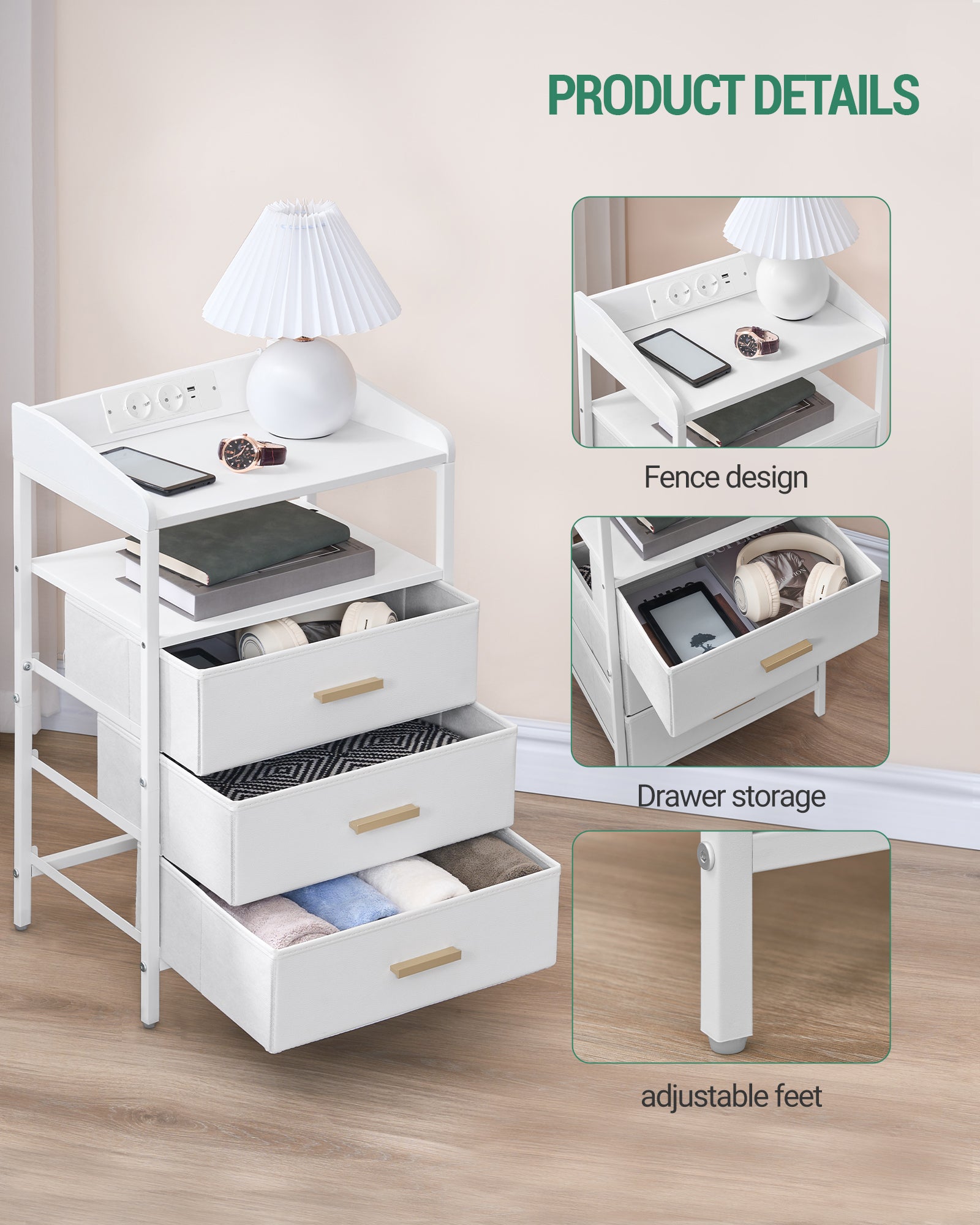 Hzuaneri Bedside Table with LED Lights & Charging Station, 3 Fabric Drawers, USB Ports & Power Outlets, White