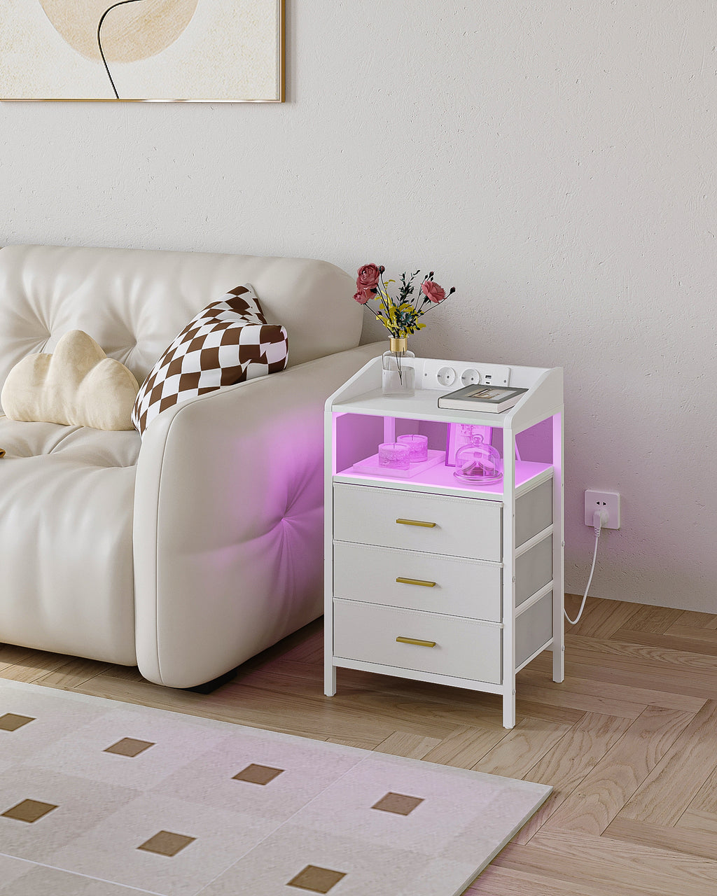 Hzuaneri Bedside Table with LED Lights & Charging Station, 3 Fabric Drawers, USB Ports & Power Outlets, White