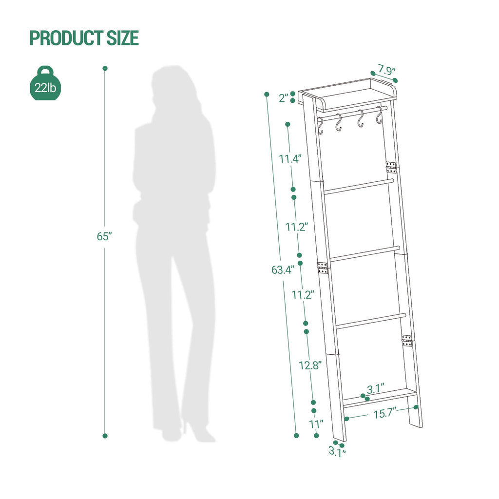 Wooden Blanket Ladder with 4 Hooks, 63.4" H 6-Tier Farmhouse Ladder Holder Organizer, for Living Room, Bedroom, Balcony - Greige