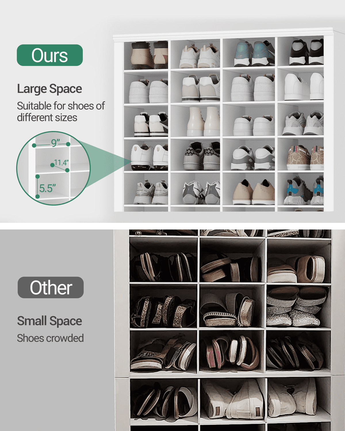 Hzuaneri 11-Tier Shoe Storage Cabinet, Wooden Shoe Rack with 40 Cubbies, Tall Freestanding Shoe Organizer for 40-44 Pairs Pairs, Easy Assembly Shoe Cabinet for Closet, Entryway, Living Room, White