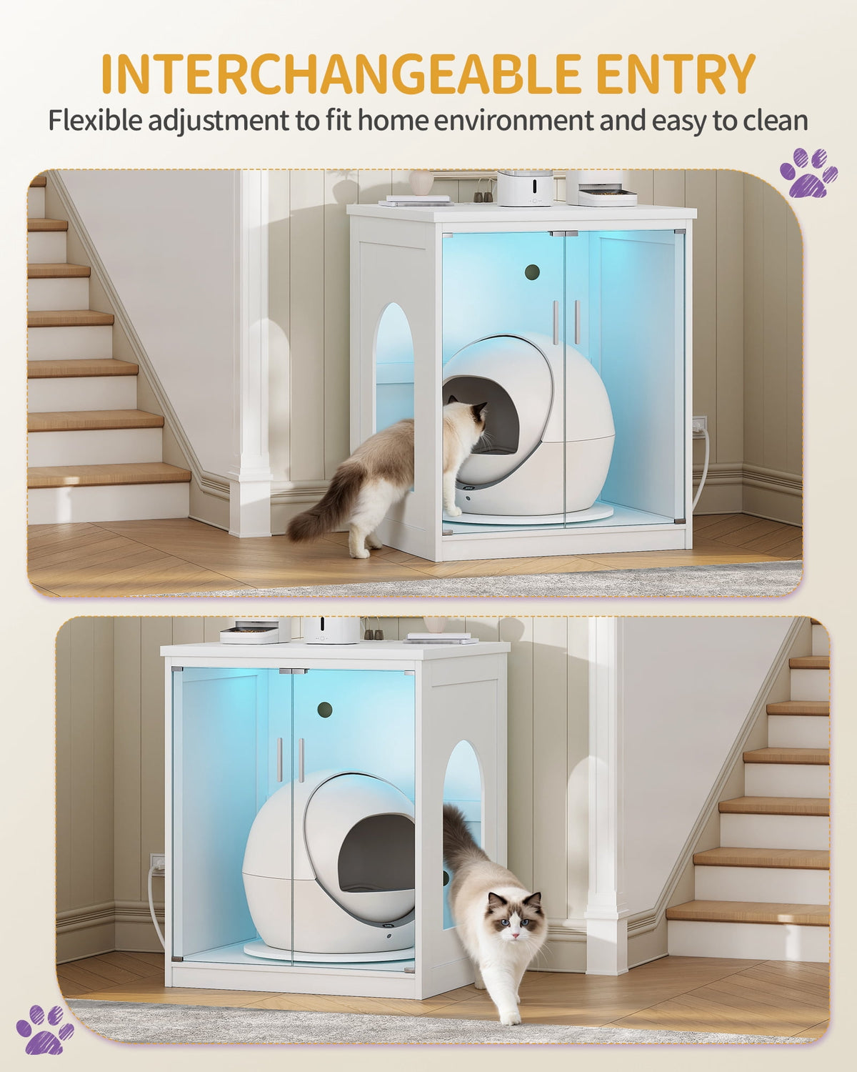 Hzuaneri Extra Large Cat Litter Box Enclosure, Self-Cleaning Hidden Cabinet with Glass Door and RGB Light, Modern,White