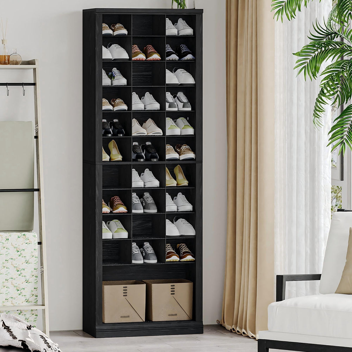 Hzuaneri 11-Tier Shoe Storage Cabinet, Wooden Shoe Rack with 30 Cubbies, Tall Freestanding Shoe Organizer for 30-33 Pairs, Easy Assembly Shoe Cabinet for Closet, Entryway, Living Room