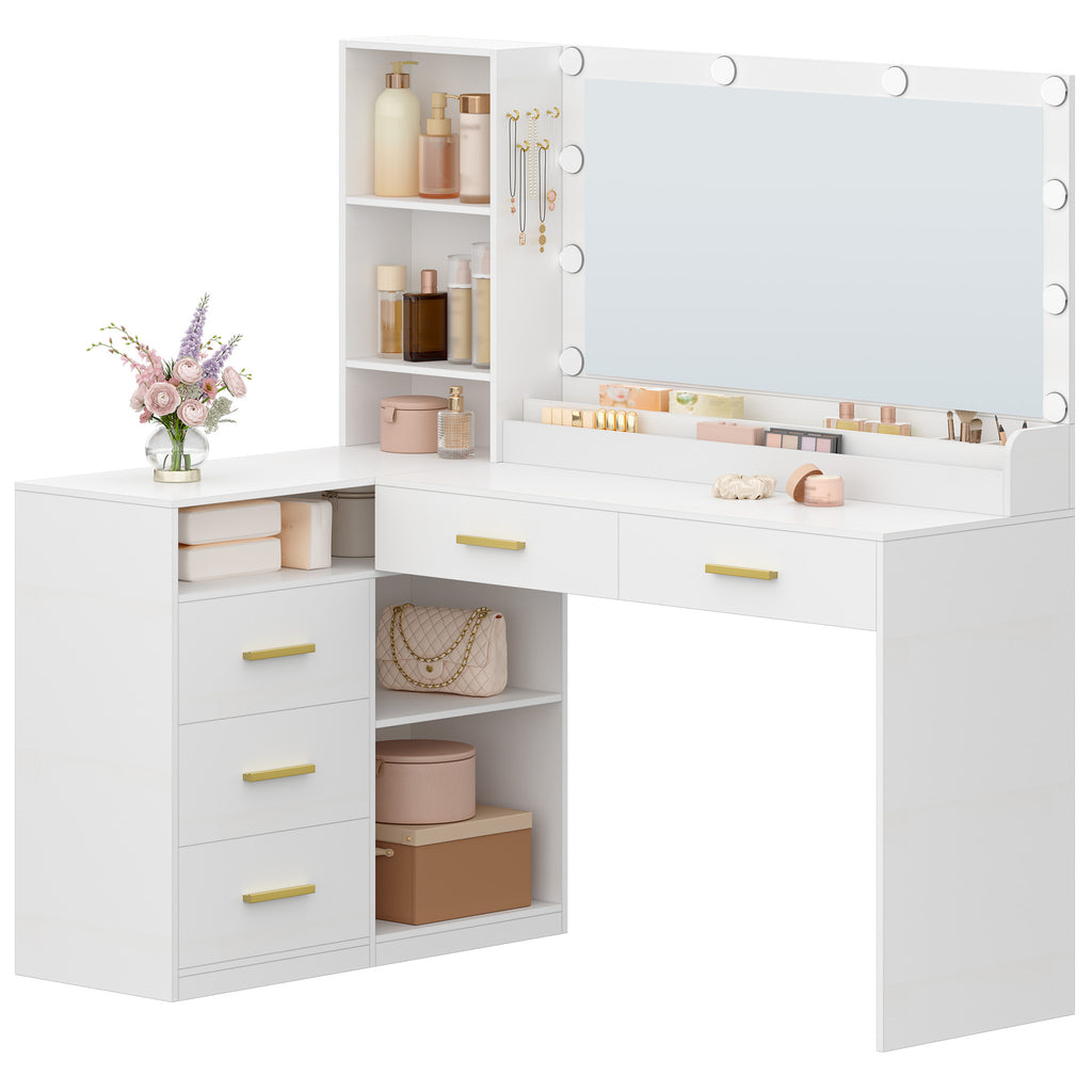 HEXCELEN Dressing Table with Large Mirror, Corner Vanity Table with 5 Drawers, Multiple Open Storage Compartments, 40 x 120 x 139 cm, White,120103X