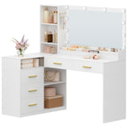 HEXCELEN Dressing Table with Large Mirror, Corner Vanity Table with 5 Drawers, Multiple Open Storage Compartments, 40 x 120 x 139 cm, White,120103X