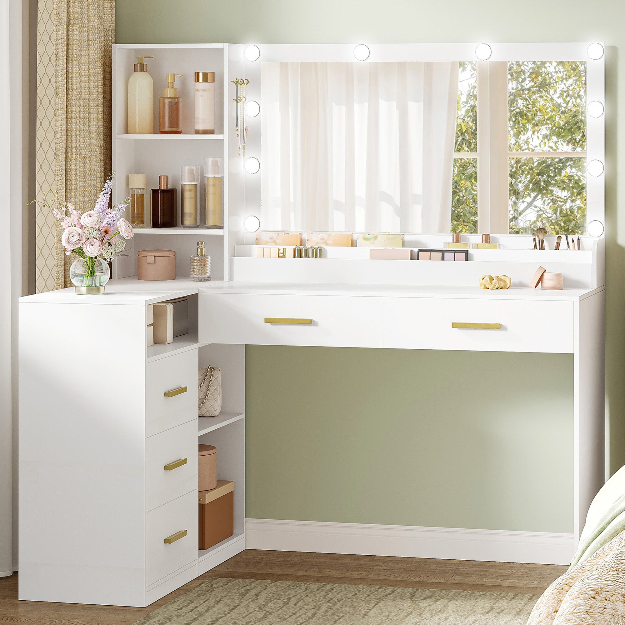 HEXCELEN Dressing Table with Large Mirror, Corner Vanity Table with 5 Drawers, Multiple Open Storage Compartments, 40 x 120 x 139 cm, White,1120103X